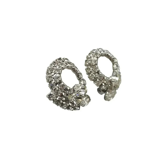 Clear Rhinestone Crystal Twist Clip on Earrings Silver Tone Vintage Deco Style - Picture 2 of 5